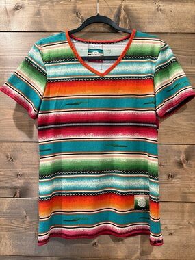Double D Ranch Multicolor Striped V‑Neck Tee in Teal, Red & Green